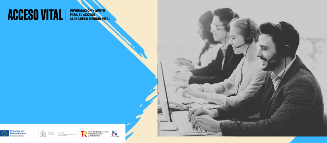 Cartel informativo del proyecto de acceso vital con un fondo de colores y una imagen de cuatro teleoperadores